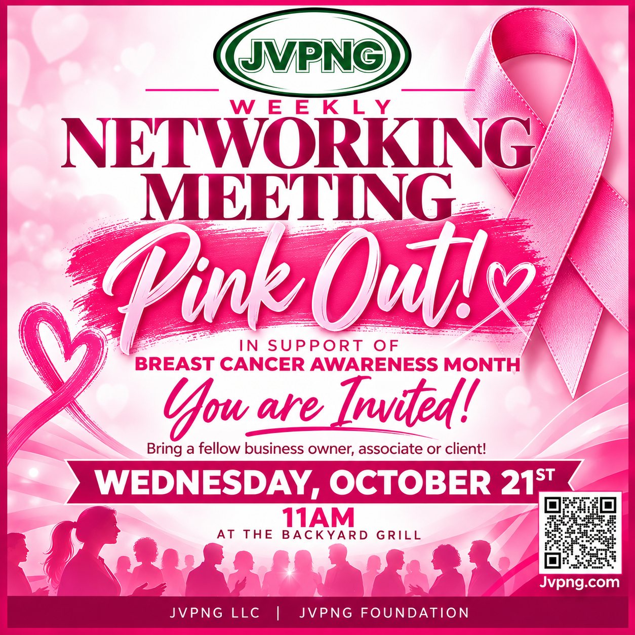 JVPNG Weekly Networking Meeting: Pink Out, in support of Breast Cancer Awareness Month. Wednesday, October 21, 11 AM at The Backyard Grill. Bring a fellow business owner, associate or client.